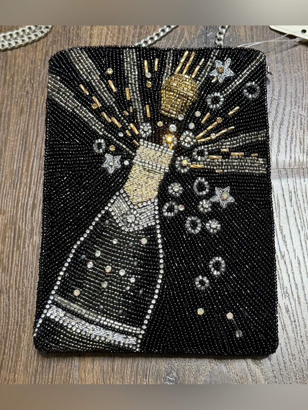 Beaded Champagne Bottle Crossbody Bag - Black & Gold